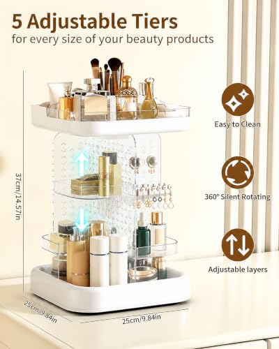 Rotating Makeup Organizer, 5 Adj. Tiers for Skincare & Brush Holder | 14 compartments for cosmetics & jewelry. 360° silent spin. Sturdy, easy-clean acrylic. For vanity, bath & desk - color: White