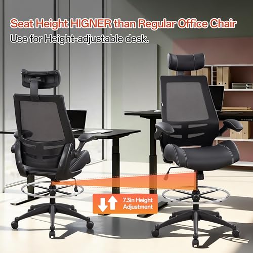 BOLISS Leather Drafting Chair Ergonomic Tall Office Chair - color: Black Leather Mesh Back, size: BLS-2818HD