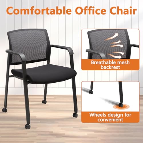 CLATINA Black Waiting Room Chair with Wheels Mesh Back Stacking Arm Chairs with Upholstered Fabric Seat and Ergonomic Lumbar Support for Office School Church Guest Reception, Set of 2