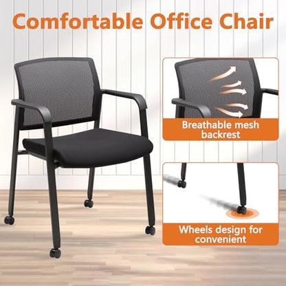 CLATINA Black Waiting Room Chair with Wheels Mesh Back Stacking Arm Chairs with Upholstered Fabric Seat and Ergonomic Lumbar Support for Office School Church Guest Reception, Set of 2