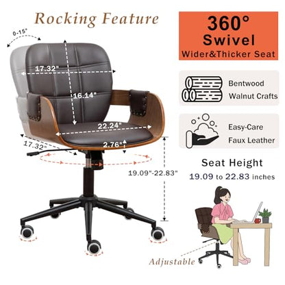Desk Chair for Small Office, Mid Century Modern Desk Chair, Walnut Finish | Ergonomic Curved Back, Bentwood Frame, Rocking Function & 360° Swivel, Height Adjustable 19"-23", Support Up to 350 lbs - color: Coffee Brown