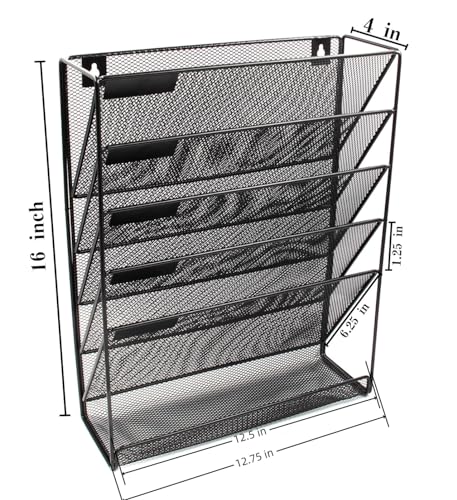 EasyPAG 5 Tier Wall File Holder, Mesh Hanging Folder Organizer with Classify Label, Versatile Desk File Holder, Vertical Wall Mounted Mail Organizer for Office Home Cubicle, Black - color: Black
