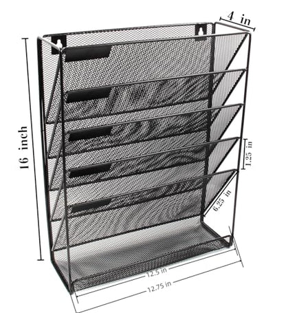 EasyPAG 5 Tier Wall File Holder, Mesh Hanging Folder Organizer with Classify Label, Versatile Desk File Holder, Vertical Wall Mounted Mail Organizer for Office Home Cubicle, Black - color: Black