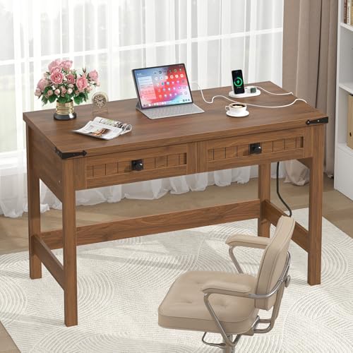 39 Inch Farmhouse Small Computer Desk with Drawers for Bedroom, Home Office - color: Brown