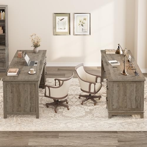GarveeHome Farmhouse Executive Desk with Drawers, 53.54 in Home Office Desk with Charging Station, Wooden Computer Desk with File Cabinet Storage for Work Study Writing, Rustic Gray - color: Rustic Gray