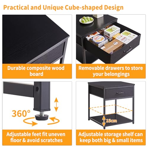 Aibiju Adjustable Side Table with Drawers, Refrigerator Table,Square Coffee Table, Large Printer Stand, End Table Black YD-TM156B - color: Black, style: With Drawers