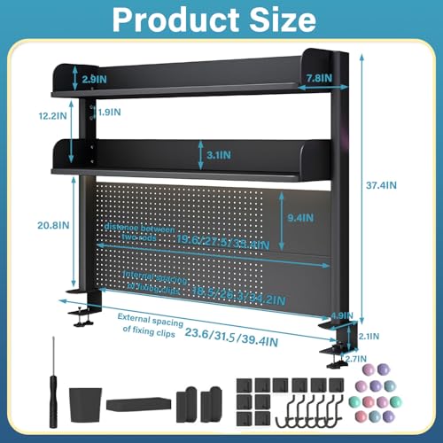 Clamp On Desk Pegboard Shelf, Black, 23.6in - size: 23.6in