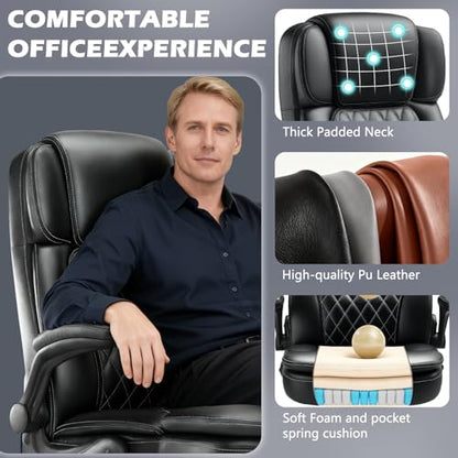 450LBS Big and Tall Executive Office Chair with Flip up Arm, Heavy Duty PU Leather Computer Desk Chair,Comfortable High Back Swivel Home Office Chair with Rolling for Adults,Spring Cushion,Metal Base - color: Black
