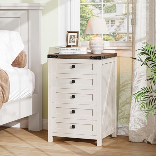 Halitaa 5 Drawer Small File Cabinet, Farmhouse Vertical Filing Cabinet - color: Rustic White and Brown