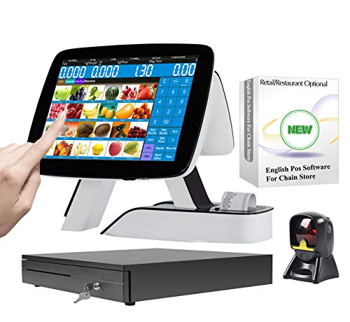 Smart Touch POS System Built-in Thermal Printer Cash Register with Software for Retail+Cash Drawer+Omnidirectional Laser Scanner - color: SET05