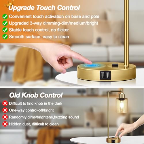 Nintiue Industrial Touch Table Lamps Set of 2-2 USB Ports & AC Outlet Nightstand Lamps, 3-Way Dimmable Bedside Desk Lamp for Living Room Bedroom, Glass Shade & 2 LED Bulbs Included - Brass - color: Brass(2 pack) - Clear Glass-Touch Control