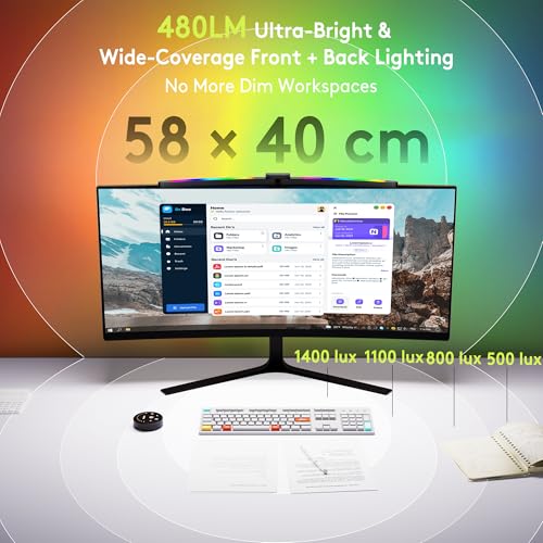 Quntis Curved Monitor Light Bar 15 RGB Backlight for 34"+ Screens, Computer Bar Lights Foldable Dual Light with Color Temperature Brightness Stepless Dimming, No Glare Desk Lamp for Home Office Gaming