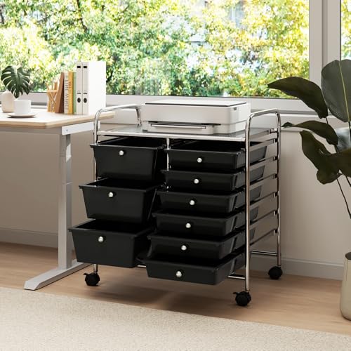 RELAX4LIFE 9 Drawer Rolling Storage Cart - Mobile Drawer Carts for Craft Art Supply Paper Salon, Utility Cart on Wheels for Classroom Teacher School Office, Rolling Cart with Drawers (Black) - color: Black, style: 9 Drawers