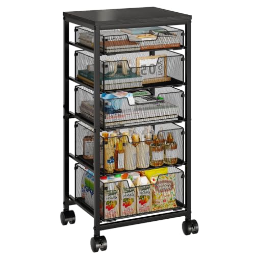Sbanmao 5 Drawers Rolling Utility Cart, Rolling Storage Cart with Wooden Tabletop and Lockable Wheels, Storage Drawer Cart with Drawers, Craft Cart for Bedroom, Classroom, Home, Office,Black - color: Black, size: 5 Drawers