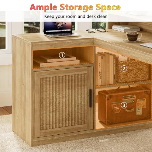 TVU Farmhouse L Shaped Desk with Drawers, 62.2" Home Office Desk with Storage Shelves and Power Outlet, L Shaped Computer Desk with Monitor Stand and Printer Shelf, Oak - color: Oak