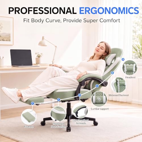 Desk Computer Gaming Chair - High Back Ergonomic Office Chair with Footrest and Lumbar Support, Swivel Comfy Home Gamer Video Game Chairs with Pocket Spring Cushion for Adults (Green Fabric) - color: Classic Green Fabric