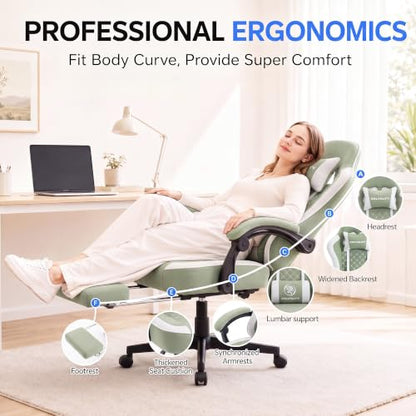 Desk Computer Gaming Chair - High Back Ergonomic Office Chair with Footrest and Lumbar Support, Swivel Comfy Home Gamer Video Game Chairs with Pocket Spring Cushion for Adults (Green Fabric) - color: Classic Green Fabric