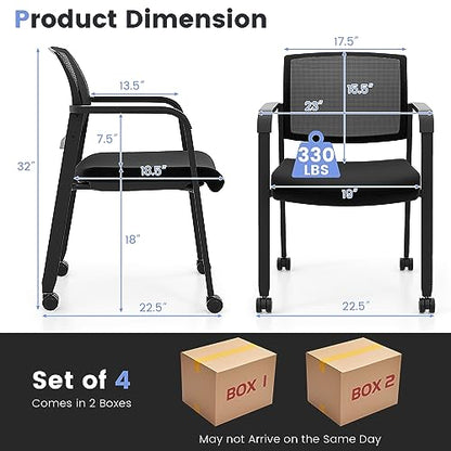 COSTWAY Stackable Office Guest Chairs Set of 4 with Wheels and Armrests | Conference Room Chairs with Mesh Backrest and Upholstered Seat, Ergonomic Waiting Room Chairs for Office Home Reception Area - size: 4 Pack, style: with Wheels