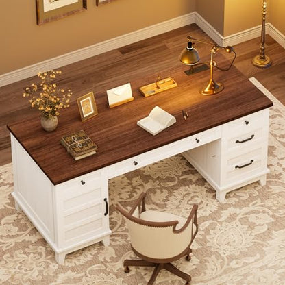 60" Executive Desk with Power Outlet, Home Office Desk with Drawers, Wooden Work Desk with File Cabinet, Computer Desk for Work, Study, Writing, White and Brown - color: White and Brown