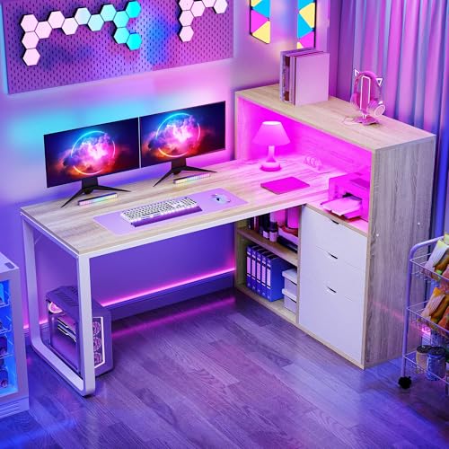 DWVO 55" L Shaped Corner Desk with Bookshelf, Power & LED, Oak White | Built-In Power Outlets, Led Lights, Attached Bookshelf, Storage Drawers, for Home Office Corner, Easy Assembly - color: Oak & White