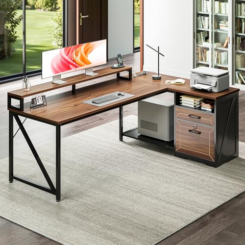 AODK 61 Inch L Shaped Executive Desk with Lockable File Cabinet, Walnut
