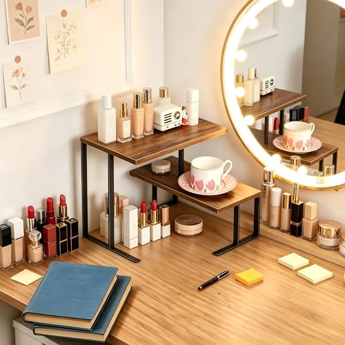 Desk Shelf Desktop Organizer 2 Tier Wood Small Storage Shelf Multi-Purpose Desktop Bookshelf Rotating Desk Stand Storage Organizers for Top of Desk Home Office Kitchen Bedroom
