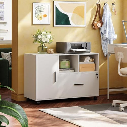 DEVAISE Office File Cabinet with Lock, 1-Drawer Wood Lateral Filing Cabinet on Wheels, Printer Stand with Open Storage Shelves for Home Office, White - color: White, style: Modern