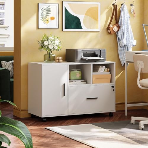 DEVAISE Office File Cabinet with Lock, 1-Drawer Wood Lateral Filing Cabinet on Wheels, Printer Stand with Open Storage Shelves for Home Office, White - color: White, style: Modern