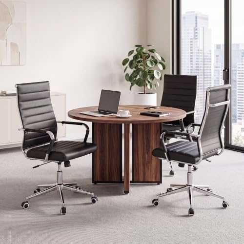 Okeysen Black Conference Room Chairs, Modern Ergonomic PU Leather Office Desk Chair Ribbed for Office, High Back Executive Swivel Rolling Task Chair for Home - color: Black-ribbed
