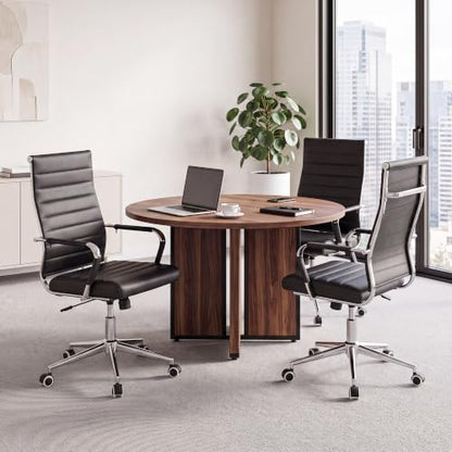 Okeysen Black Conference Room Chairs, Modern Ergonomic PU Leather Office Desk Chair Ribbed for Office, High Back Executive Swivel Rolling Task Chair for Home - color: Black-ribbed