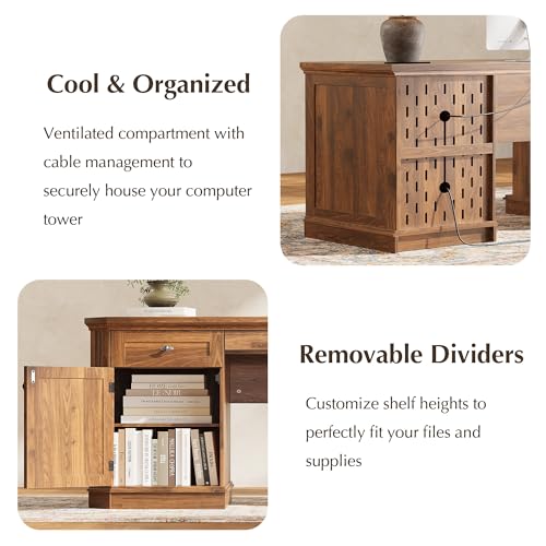 59" Classic Executive Desk with Storage, Victorian Executive Desk with Charging Station, Keyboard Tray, 3 Drawers & 2 Cabinet Storage & 2 Pedestals, Easy Assembly, Dark Walnut - color: Dark Walnut