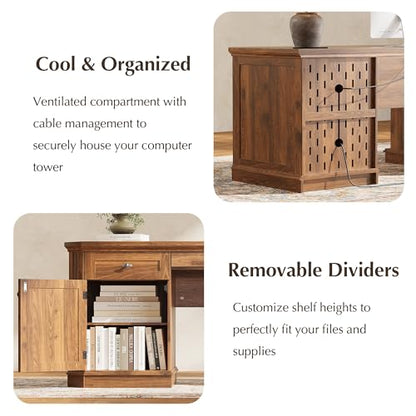 59" Classic Executive Desk with Storage, Victorian Executive Desk with Charging Station, Keyboard Tray, 3 Drawers & 2 Cabinet Storage & 2 Pedestals, Easy Assembly, Dark Walnut - color: Dark Walnut