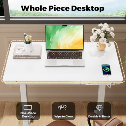 32" Electric Standing Desk with Drawer, Rolling Laptop Desk - color: White Wood-top, size: 32"