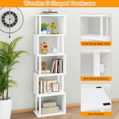 IBUYKE 6-Tier Tall Bookshelf,S-Shaped Geometric Bookcase,White WBC016W - color: White, size: 6 Tier