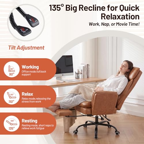Big and Tall Office Chair, Ergonomic Computer Desk Chair with Footrest, Wide Seat Reclining Gaming Chair, Flip Armrests for Cross Legged Sitting, Heavy Duty Support up to 400LBS, PU, Brown - color: Brown