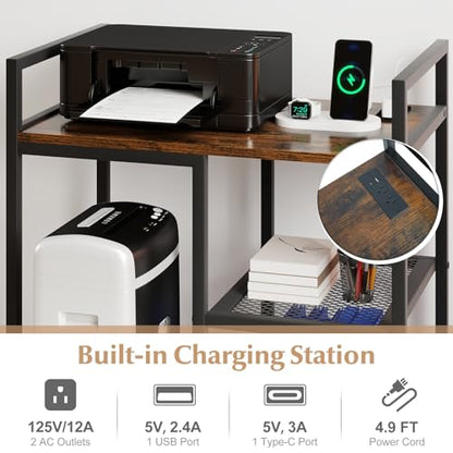 Giantex 3-Tier Printer Stand with Charging Station, 2 Open Storage Shelves, Side PC Stand on Wheels, 25" x 16" Mobile Printer Table for Computer Tower, Printer Shredder, Fax, Under Desk, Home Office - color: Rustic Brown & Black