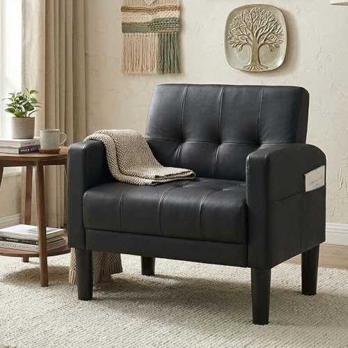 Black Accent Chair, Tufted Reading Armchair with Arms for Living Room - color: Black, size: 30.9inch-1