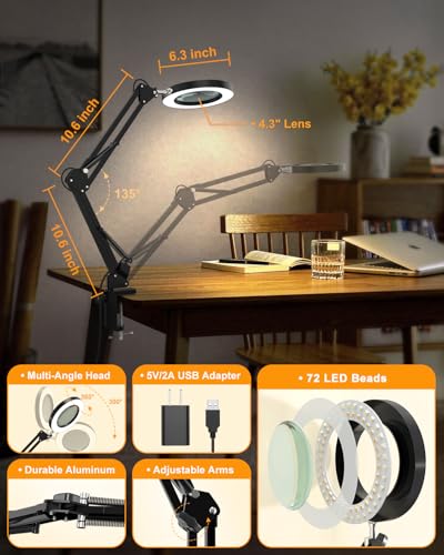 10X Magnifying Glass with Light and Clamp, ZAPLIT 4.3” Real Glass Lens Magnifier Desk Lamp, Metal Swing Arm LED Ring Light with 3 Color Modes & 10 Brightness Levels for Crafts Painting Nail Art Repair - style: Lamp with Clamp