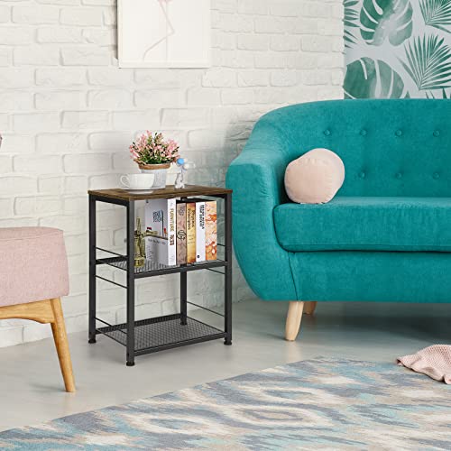 OYEAL Small Nightstand Industrial Square End Table with Storage Shelf Farmhouse Sofa Side Table for Small Spaces, Narrow Bedside Table for Living Room Bedroom, Stable Metal Frame, Rustic Brown - color: Rustic Brown