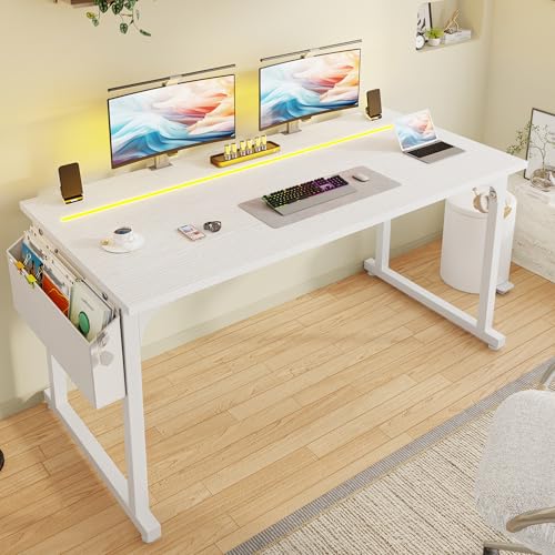 DurayLoly 55 Inch Computer Desk with Waterproof LED Lights for Bedroom - color: White, size: 55 Inch