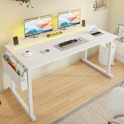 DurayLoly 55 Inch Computer Desk with Waterproof LED Lights for Bedroom - color: White, size: 55 Inch