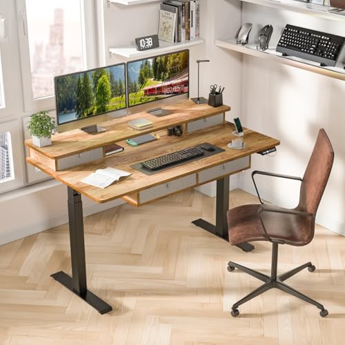 Kingant Electric Standing Desk with 4 Drawers, Height Adjustable 55"x 30" - color: Light Rustic Brown, size: 55" x 30"