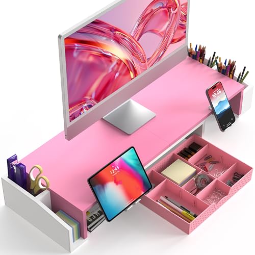 Simple Houseware Desk Dual Monitor Stand Riser with Drawer, Pink - color: Pink