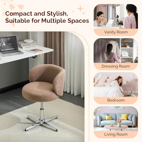 VINGLI Cute Small Swivel Desk Chair Comfy no Wheels,Ergonomic Low-Back Lumbar Support Vanity Nail Tech Computer Task Stool Chair for Home Office,Height Adjustable,Teddy Fleece,Brown - color: Brown-teddy Fleece, style: No wheel