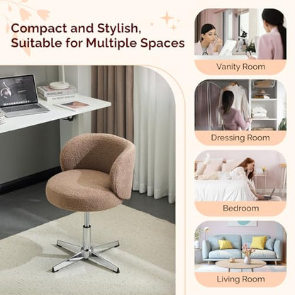 VINGLI Cute Small Swivel Desk Chair Comfy no Wheels,Ergonomic Low-Back Lumbar Support Vanity Nail Tech Computer Task Stool Chair for Home Office,Height Adjustable,Teddy Fleece,Brown - color: Brown-teddy Fleece, style: No wheel