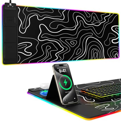 Mouse Pad with Phone Holder, Wireless Charging Desk Mat, RGB Gaming Mousepad Home Office Large Desk Pad with Ultra-Smooth Surface, Non-Slip Base, Waterproof Keyboard Pad,Topographic Black - color: 31.5x15.75"Phone Stand-Topographic