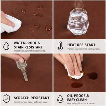 Leather Desk Mat & Mouse Pad - Desk Blotter Large 31.5X 15.8in | Desk Pad Protector for Office Desk, Non-Slip Waterproof PU Leather Desk Blotter & Writing Pad, Red Brown