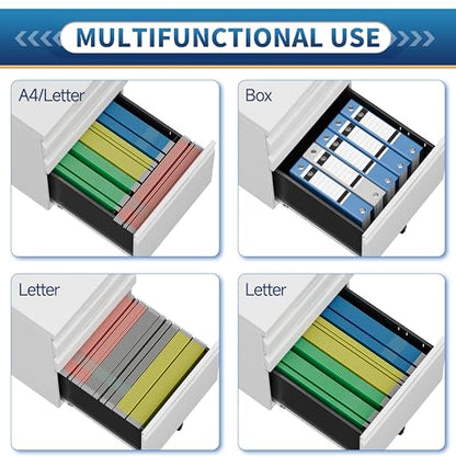 Locking File Cabinet 3 Drawers on Wheels Under Desk, Metal Filing Cabinets for Home Office, A4, Letter-Size Files, Hanging File Folders-White - color: White, size: 3 Drawer-on wheels