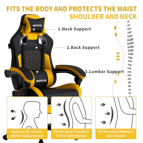 Gaming Chair with Massage,Ergonomic PC Gaming Chair with Footrest Comfortable Headrest and Lumbar Support,High Back Game Chair PVC Leather,300LBS (BlackYellow) - color: Blackyellow