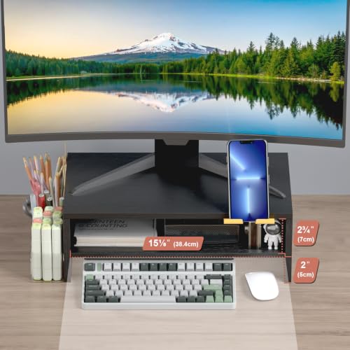 TEAMIX 2 Tiers Wood Monitor Stand Riser with Phone Holder & Side Pen Holder - color: Black, size: 15.7 x 9.5 x 5.7 inches